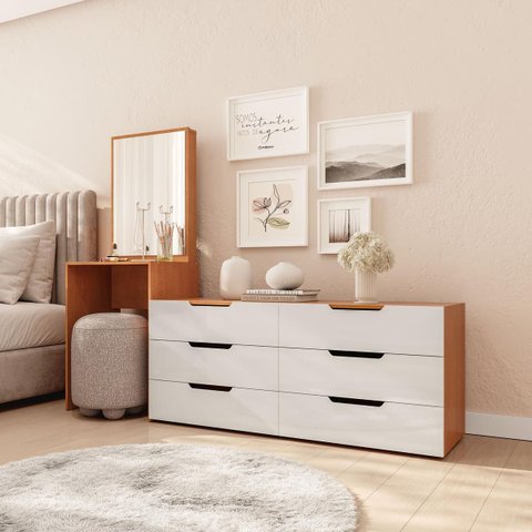 Cômoda Penteadeira Madri 6 Gavetas c/ Espelho 209x160cm Branco/Freijó 250805