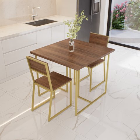 Conjunto Mesa de Jantar Quadrada 2 Cadeiras Imbuia Riviera Industrial Dourado Don Castro Decor Rivie