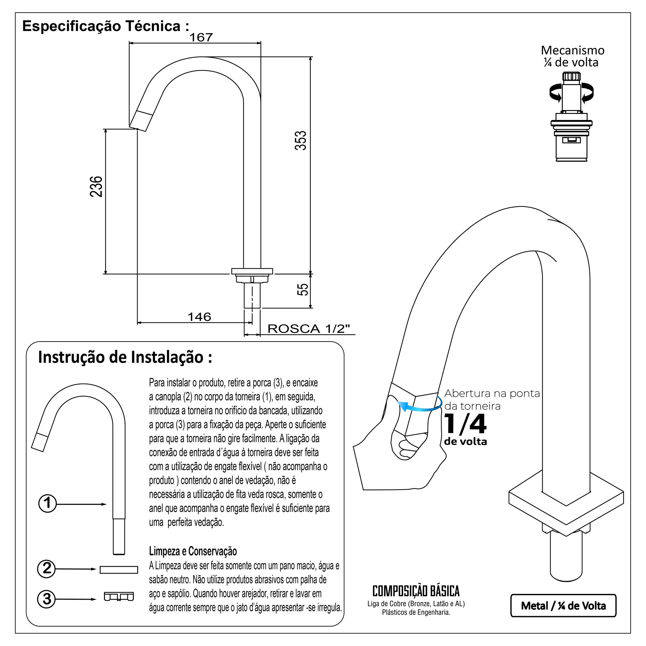 Torneira Lavatório Slim Tube Quadrada Baixa Preto Fosco 1/4v - 8