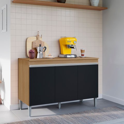 Balcão Gabinete Manu 3 Portas sem Tampo 120cm Ajl Móveis - Amêndoa/preto