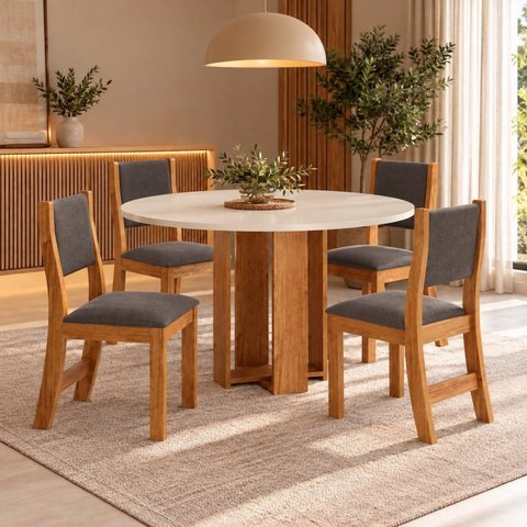 Conjunto Sala de Jantar 4 Lugares Mesa Redonda Tampo de MDF Jady
