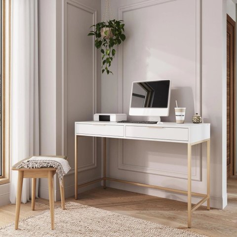 Escrivaninha Square 2 Gavetas 100% MDF Pés de Metal Branca