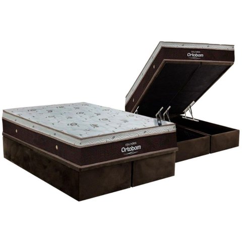 Cama Box Baú King: Colchão Molas Ensacadas Ortobom SuperPocket Sleep King + Base CRC Suede Brown(