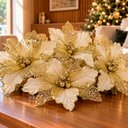 Ver imagem 5 de Flor Natal Artificial Dourada Glitter Enfeite 25cm Kit 10PÇS