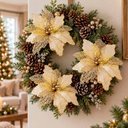 Ver imagem 4 de Flor Natal Artificial Dourada Glitter Enfeite 25cm Kit 10PÇS