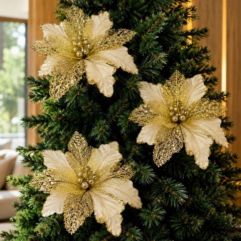 Flor Natal Artificial Dourada Glitter Enfeite 25cm Kit 10PÇS