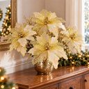 Ver imagem 3 de Flor Natal Artificial Dourada Glitter Enfeite 25cm Kit 10PÇS