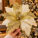 Ver imagem 2 de Flor Natal Artificial Dourada Glitter Enfeite 25cm Kit 10PÇS