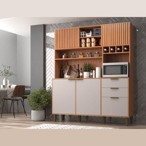 Cozinha Compacta 160cm Melissa 5 Portas 2 Gavetas Armário de Cozinha J Carvalho Freijó/Fumê