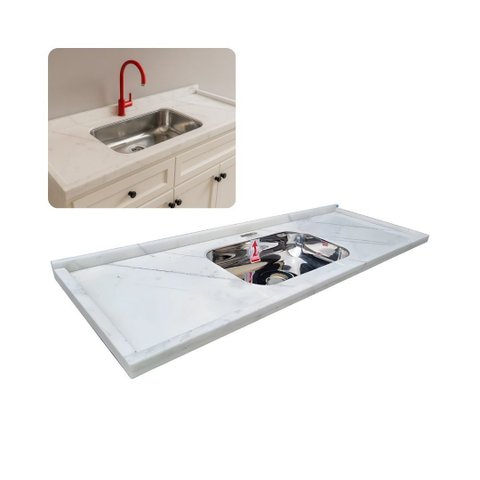 Pia de Cozinha 180cm Mármore Branco c/ Cuba Inox Funda 14cm: Branco