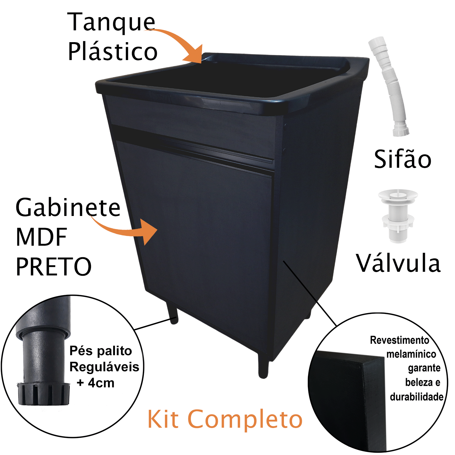 Tanque 34l com Gabinete Mdf Preto Puxador Perfil Montado - 3