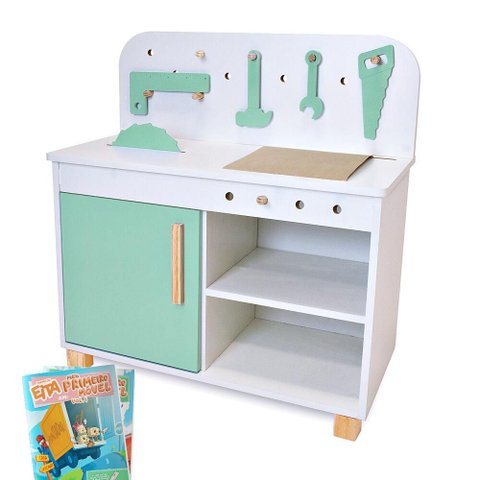 Bancada de Ferramentas Oficina Infantil Kit Livro Educativo em Madeira - Verde Claro