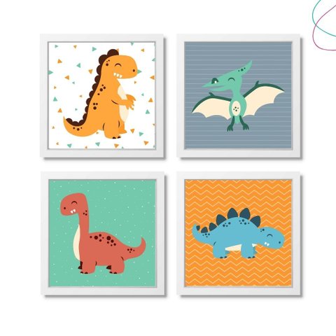 Quadros Decorativos Infantil Dinossauros Fofo com Moldura:branca