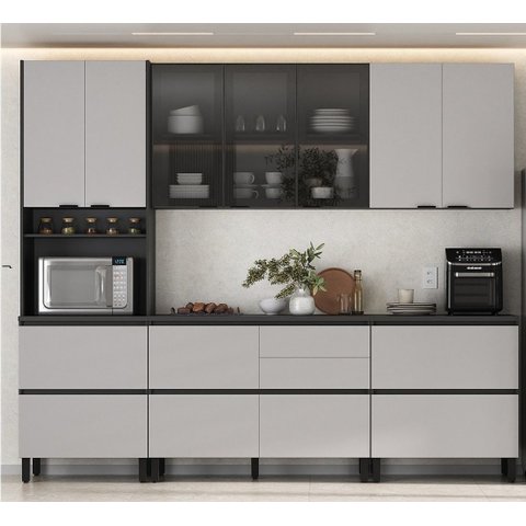 Cozinha Modulada 5 Peças 10 Portas 6 Gavetas Nicho p/Forno MDF Dodradiça Slow Motion Lúmina Itatiaia Cinza/Grafite/Fendi