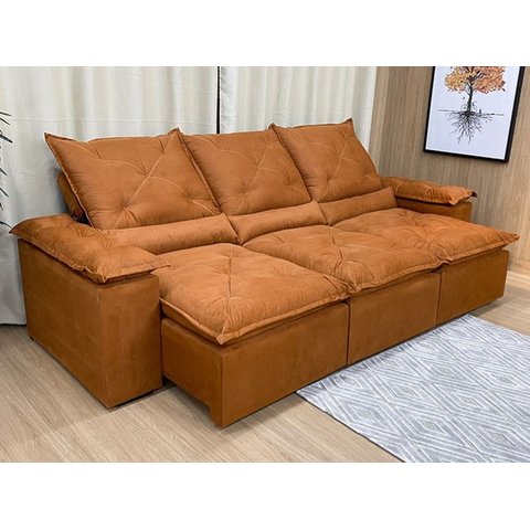Sofá Retrátil e Reclinável 2,70m em Tecido Veludão C/pillow Nos Braços Athenas:terracota/270cm