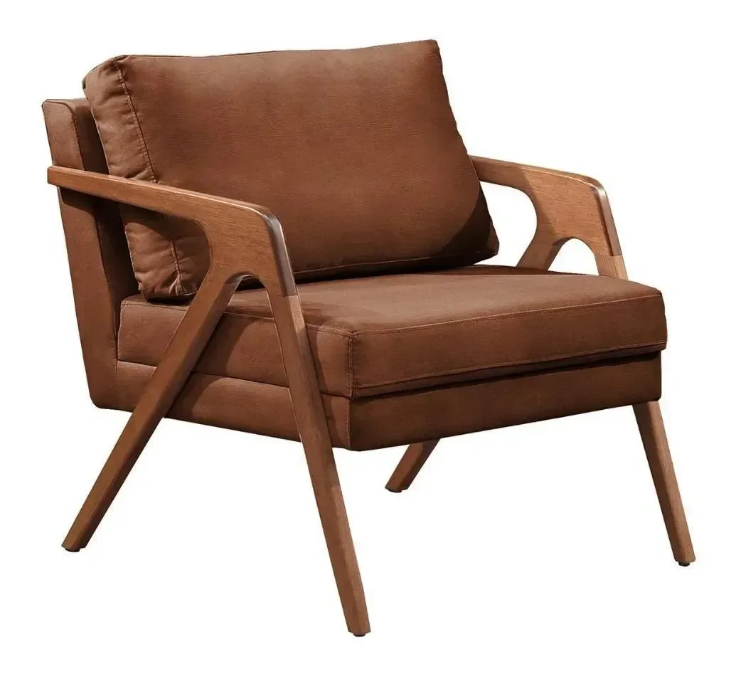 Poltrona Decorativa Mona Luxo Base de Madeira Maciça Sala Recepção Veludo Marrom Eli Móveis e Decora