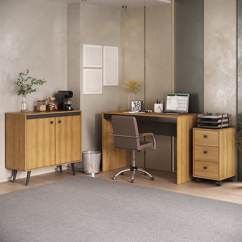 Conjunto de Escritório com Mesa Gaveteiro e Armário de Apoio 100% MDF Yescasa