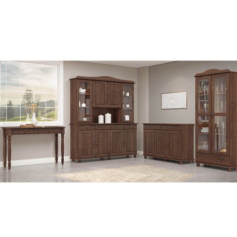 Conjunto: Cristaleira 8 Portas Aparador Balcão 3 Portas e Vitrine 2 Portas Rubi Café Madeira Pinus -