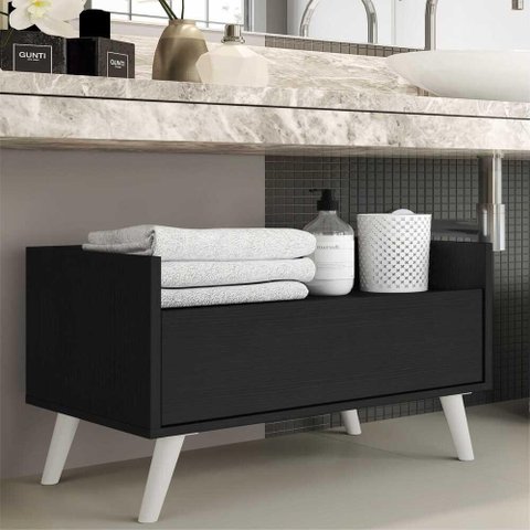 Gabinete Armário Banheiro 80cm com Pés Retrô Multimóveis Preto/Branco