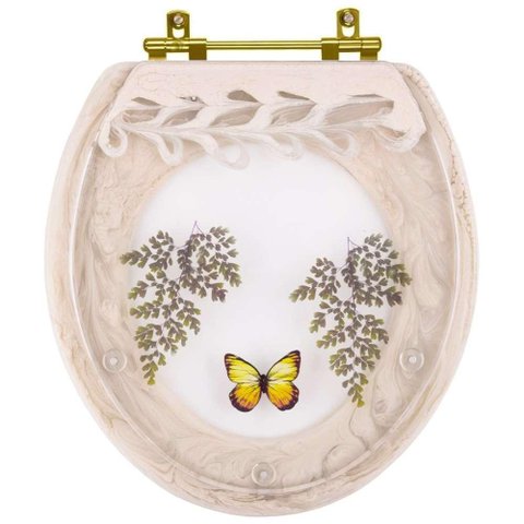 Assento Sanitário Poliester Oval Creme Decorado Borboleta Amarela com Ferragem Dourada