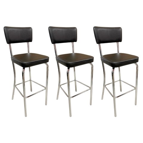 Kit 3 Banquetas Olivia Altura 65cm Bar Cozinha Cromada Assento Grosso Preto Encosto Estofado