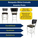 Ver imagem 4 de Kit 3 Banquetas Olivia Altura 65cm Bar Cozinha Cromada Assento Grosso Preto Encosto Estofado