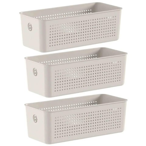 3 Caixas Organizadoras 27x12x9cm Bege Flow 3l Retangular Cestos Multiuso Lavanderia Banheiro