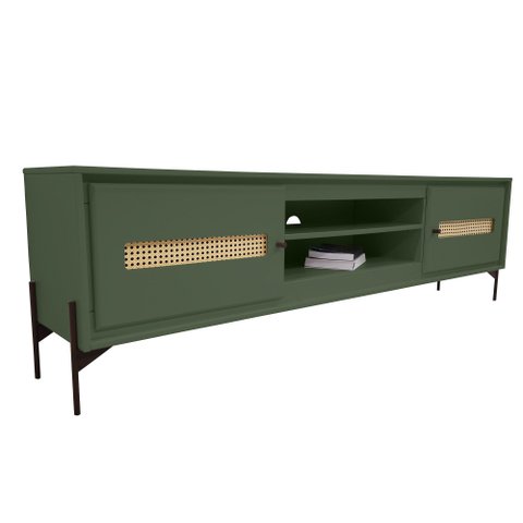 Rack Sala Tv até 75 Polegadas Paraty 180 Cm Laca Pés Metal Palhinha Verde