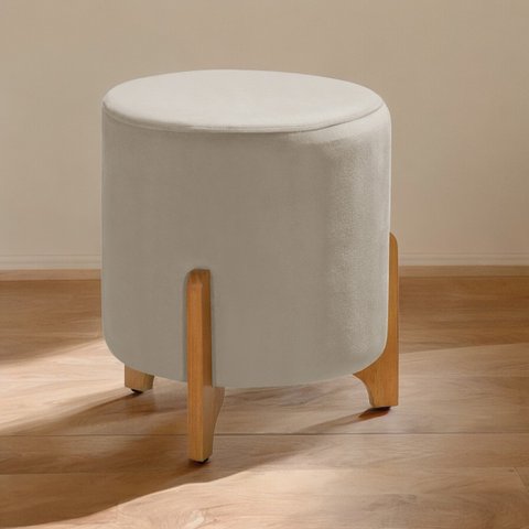 Puff Banqueta Luxor Redondo Pé Madeira Tecido Veludo Moderno