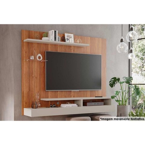 Painel Home P/tv até 50 Polegadas Valência Plus C/ Prateleira e Nichos 160x135cm Cinamomo/off