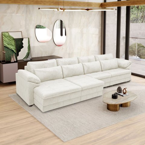 Sofá Retrátil Manual Sala de Estar Nolan Bipartido 414cm Conforto Premium em Couro Branco Manchado G