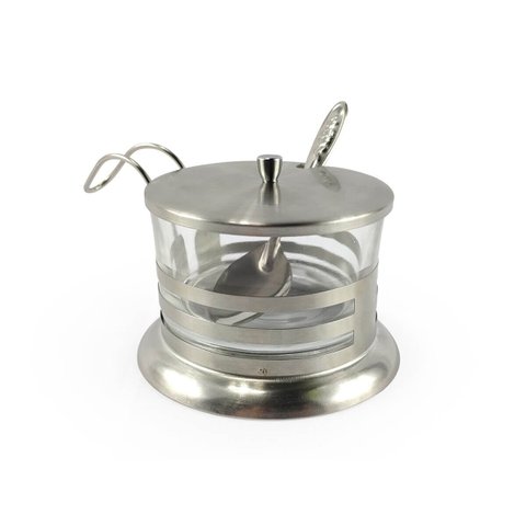 Açucareiro de Vidro 260ml com Revestimento Externo em Aço Inoxidável com Colher Porta Condimentos