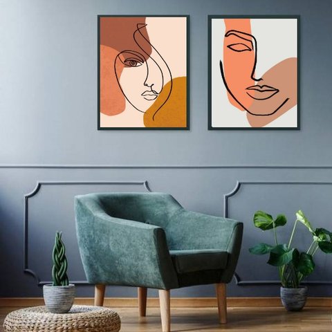 Kit 2 Quadros Mulheres - Linhas e Formas 45x34cm - com Vidro:moldura Branca