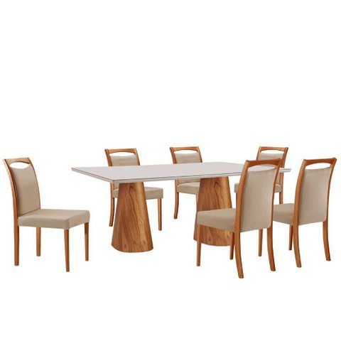 Mesa Noronha 180cm Tampo com Vidro Laqueado com 6 Cadeiras Munique