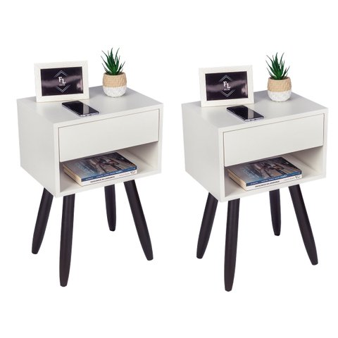 KIT 2 Mesas De Cabeceira Retro OFF WHITE 40cm Pé Palito MARROM ESCURO ENVIO MONTADA