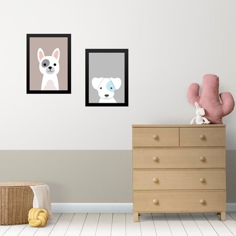 Kit 2 Quadros Infantis Cachorrinhos 24x18cm - com Vidro:madeira Preta