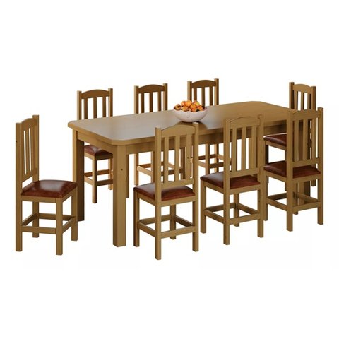 Mesa com 8 Cadeiras de Madeira 200x88 Nogueira com Estofado Marrom Nemargi