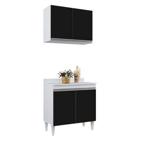 Kit Armário Aéreo e Balcão de Cozinha Lavanderia 02 Portas Loren Branco e Preto com Tampo 80 cm - D'