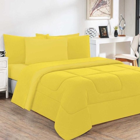 Kit Edredom Malha 100% Algodão Gran Moratta 3 Peças Casal - Amarelo-amarelo