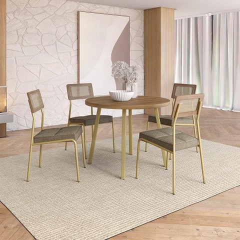 Conjunto Sala de Jantar Lina 4 Lugares Tampo MDP Cadeiras Tecidos Premium Dourado 99cm Móveis