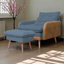 Ver imagem 1 de Poltrona de Amamentação Reclinável 5 Posições com Puff Linho Azul Marinho com Corino Nozes