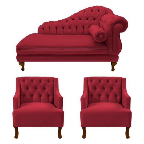 Recamier Larissa 185 cm e 2 Poltronas Genesis Suede Vermelho - LM DECOR