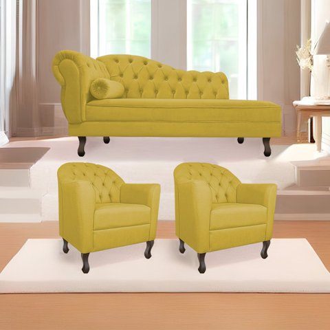 Kit Diva Recamier Diana 140cm Lado Direito e 02 Poltronas Julia Suede - Doce Sonho Móveis RECAMIER D
