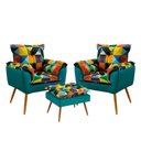 Ver imagem 1 de Kit 2 Poltronas Opala com Puff Lunar Suede Estampado Colorido com Azul Turquesa Aradecor