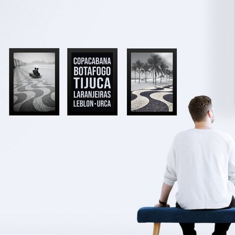 Kit 3 Quadros Rio de Janeiro - Bairros Zona Sul 24x18cm - com Vidro:moldura Preta