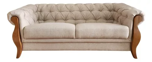 Sofá 3 Lug. Living Linho Bege com Pés de Madeira Nobre Adhara - Harmônica Móveis