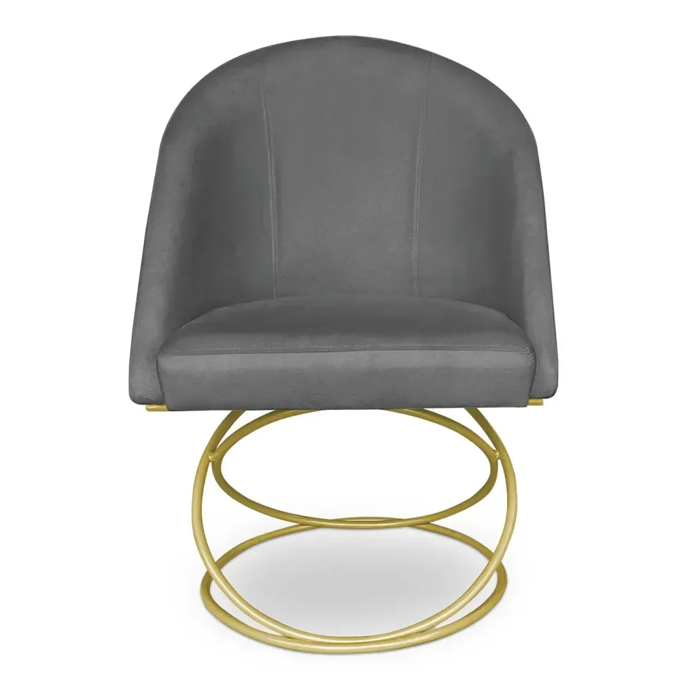 Poltrona Cadeira de Jantar Luxo Estofada Base Metal Dourado Sala Cozinha Recepção Suede Cinza Escuro