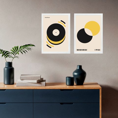 Kit 2 Quadros Artes Bauhaus Discos - Preto e Amarelo 24x18cm:moldura Branca
