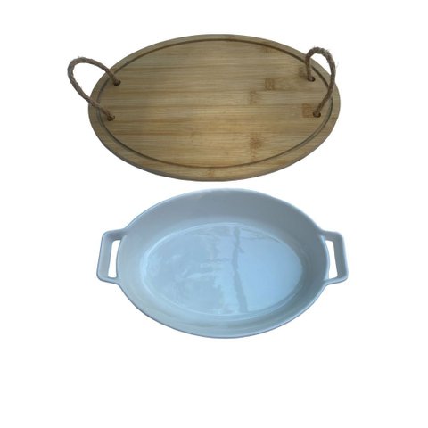 Bandeja Bambu Alça Corda e Travessa de Porcelana Refrataria Hauskraft