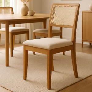 Kit 4 Cadeiras de Jantar Madeira Maciça Mel Encosto Telinha Palha Estofada Linho Bege Rubi